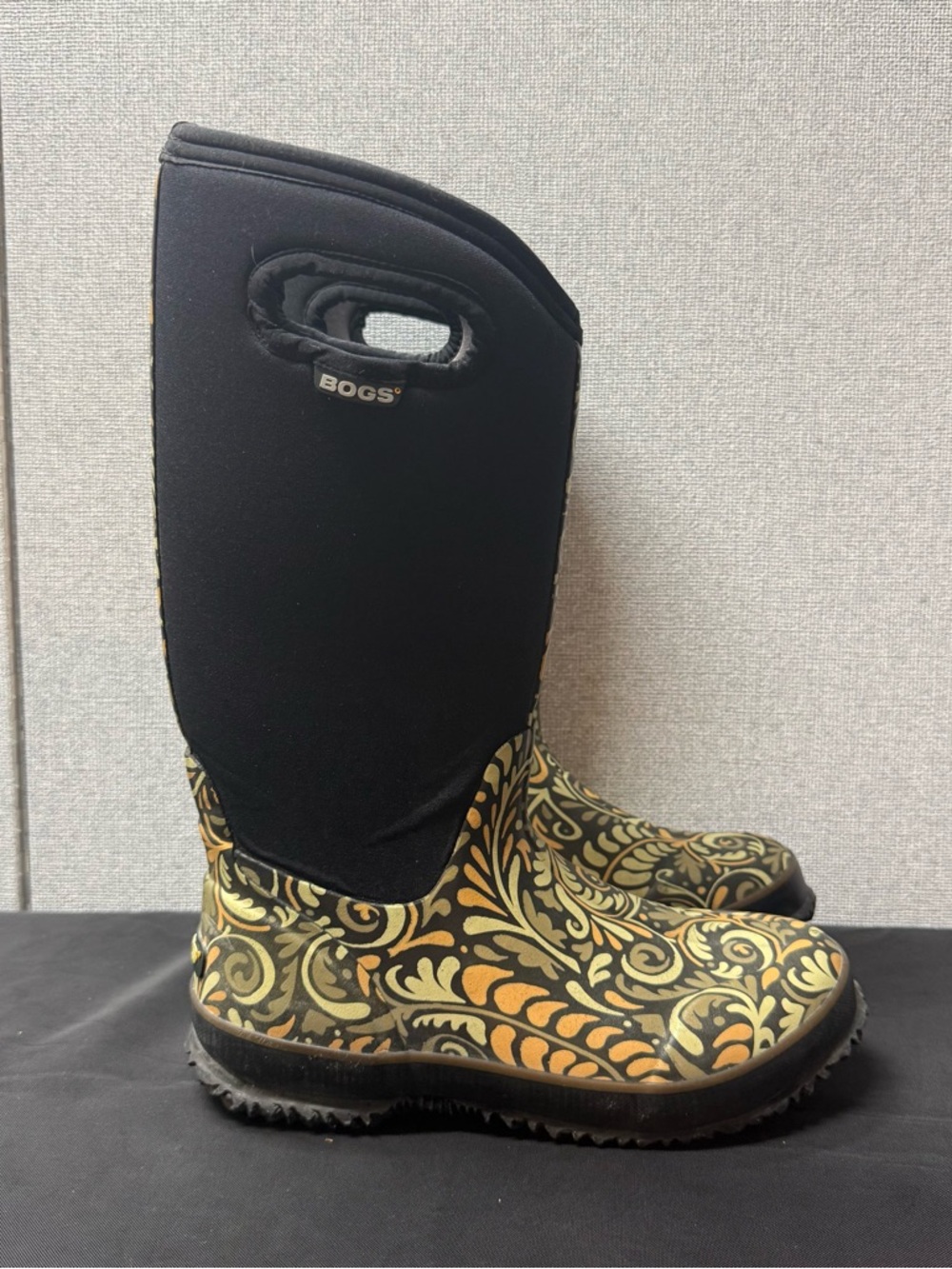 Bogs Black Tall Rain Boots with Olive and Gold Scroll Design